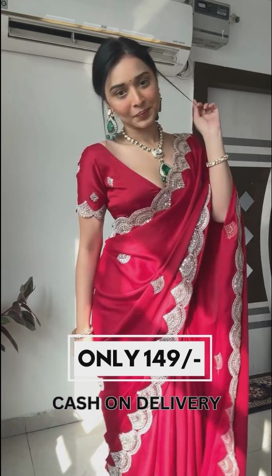 Party Wear Red Saree with  Embroidery Work Border