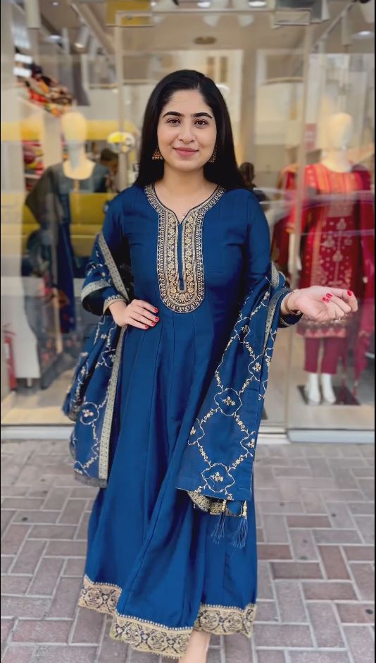 Peacock Blue And Black Zariwork  Readymade Salwar Suit