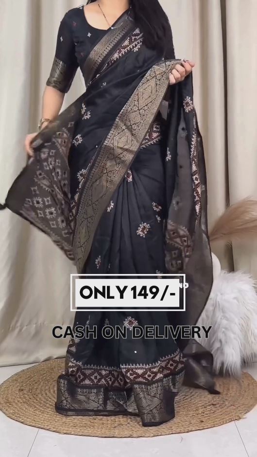 Jacquard Zari border printed Muslin Cotton Saree With Running Blouse