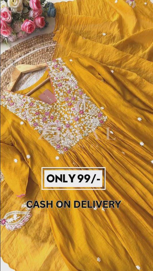 Floral Embroidered Empire Sequinned Kurta With Trousers & Dupatta