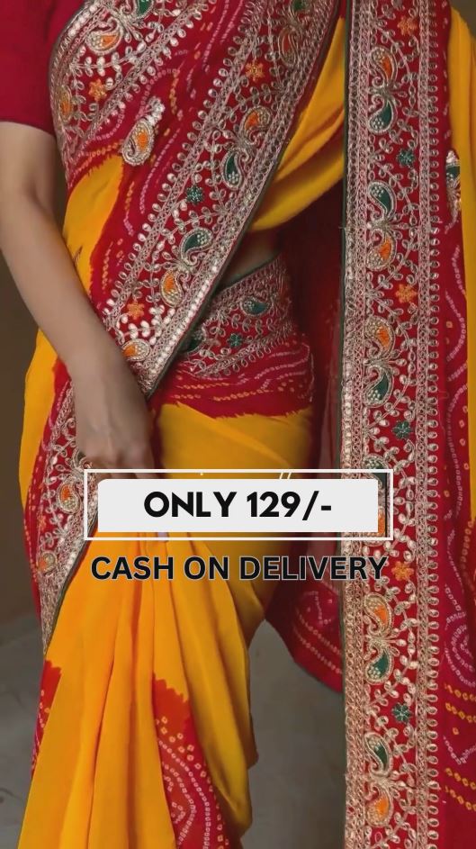 Red & yellow bandhni saree with Embrodary Work combination creze saree