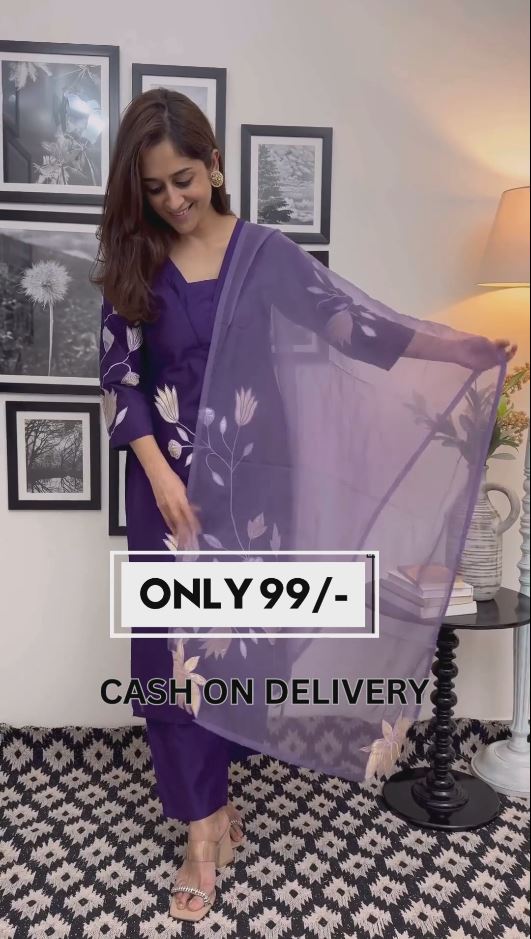 Purple Heavy Rayon Cotton Embroidery and Printed work Kurta Set