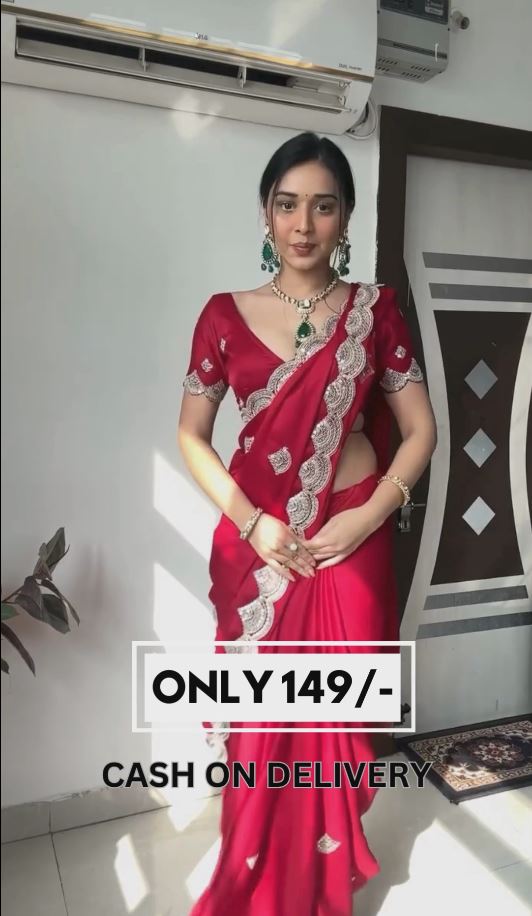 Party Wear Red Saree with  Embroidery Work Border