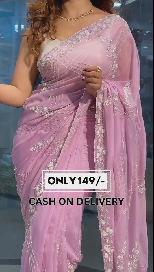 Charming Light Rose Pink Embroidered Saree with Scalloped Border and Cut Dana Circles