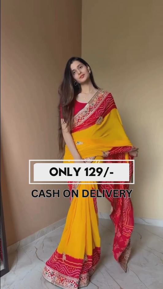 Red & yellow bandhni saree with Embrodary Work combination creze saree