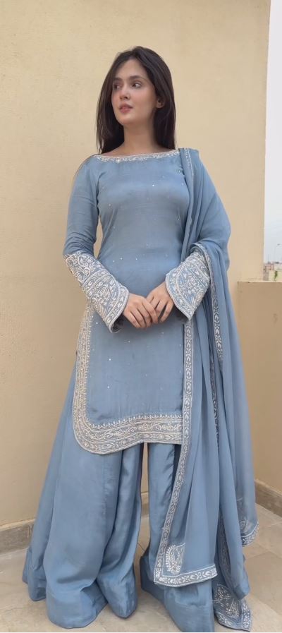 Perfect Sky Blue Georgette Embroidery Sequence Salwar Suit