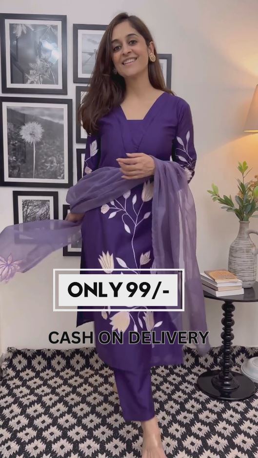 Purple Heavy Rayon Cotton Embroidery and Printed work Kurta Set