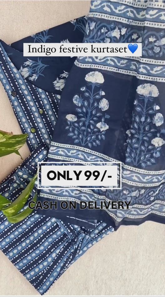 Navy Blue and White Block Print Suit Set And Dupatta