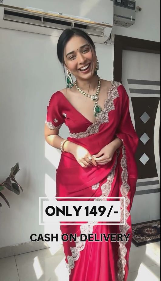 Party Wear Red Saree with  Embroidery Work Border