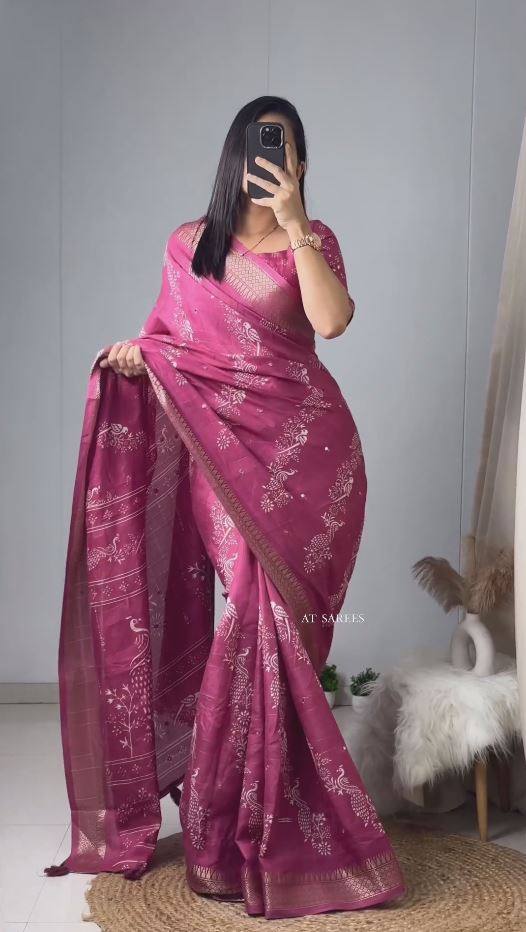 Beautiful Cotton Printed Saree With Running Blouse Piece