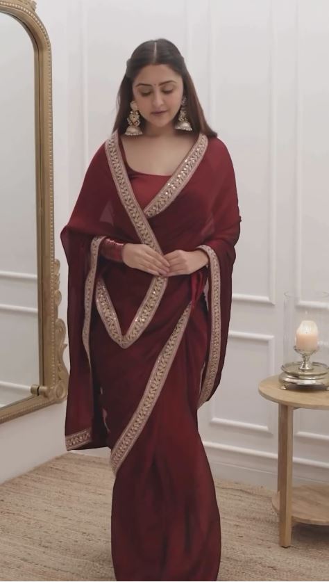 Elegant Maroon Color Tabby Silk Thread Sequence Work Saree