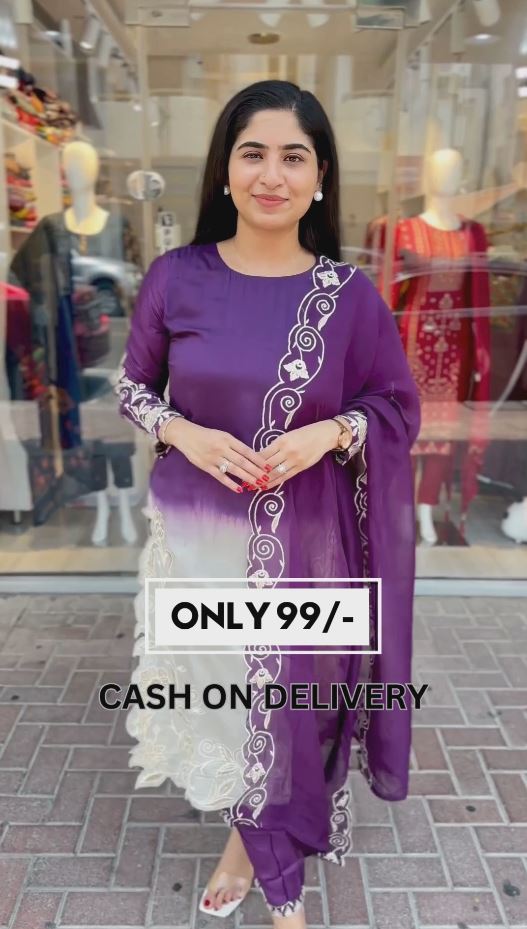 Thread Work Round Neck Straight Kurta with Trousers & With Dupatta