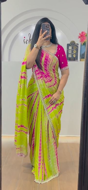 Green & Pink Shibori Pure  Tie And Dye Saree