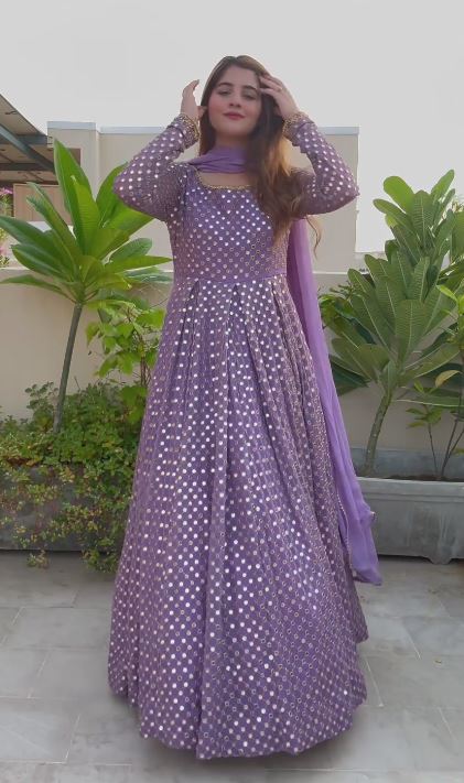 Purple Color With Mirror Work Gown Suit Set