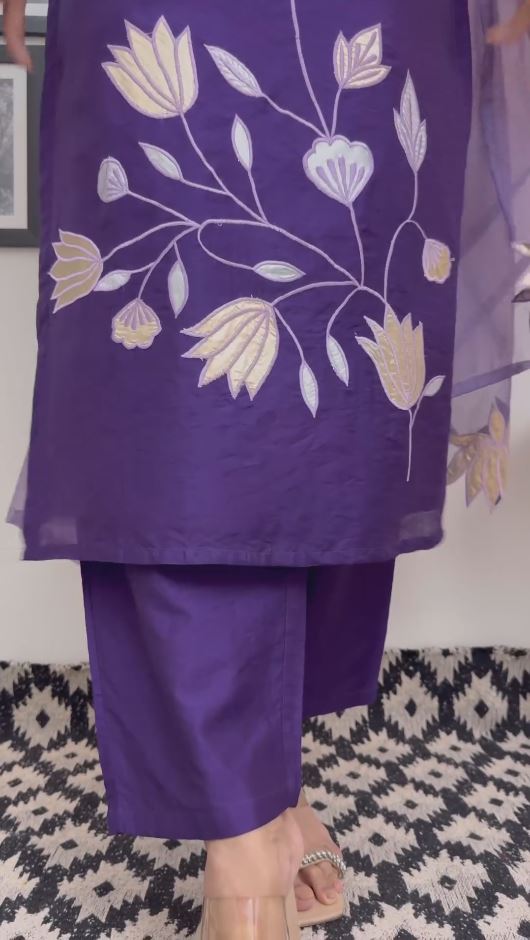 Purple Heavy Rayon Cotton Embroidery and Printed work Kurta Set