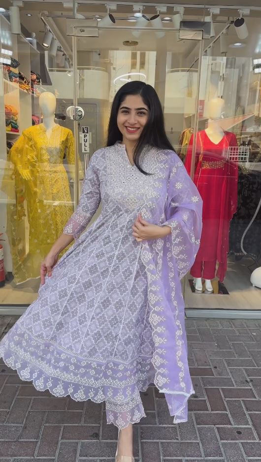 Anarkali MulMul Kurta set With Embroidered Duppatta in Lavender