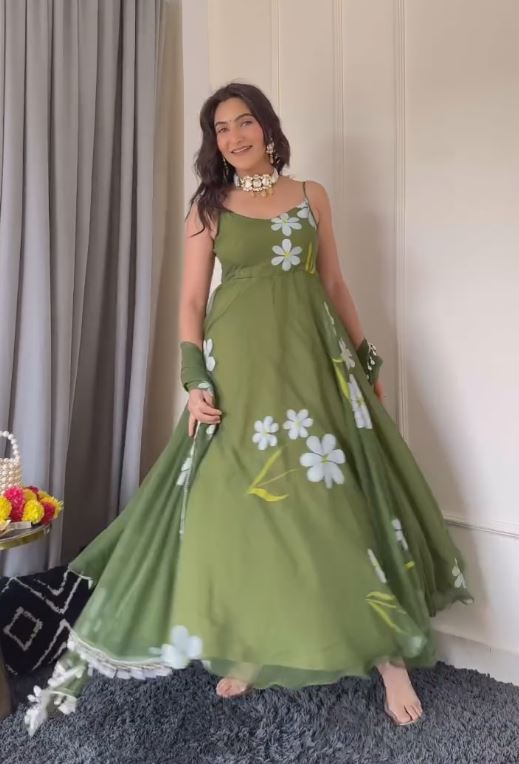 Classy Digital Printed Green and Yellow Color Gown