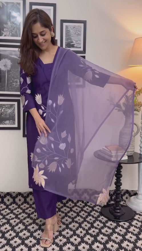 Purple Heavy Rayon Cotton Embroidery and Printed work Kurta Set