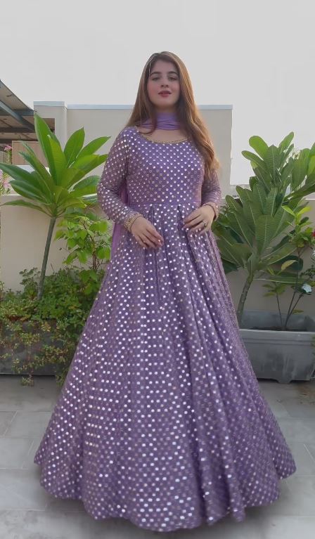 Purple Color With Mirror Work Gown Suit Set