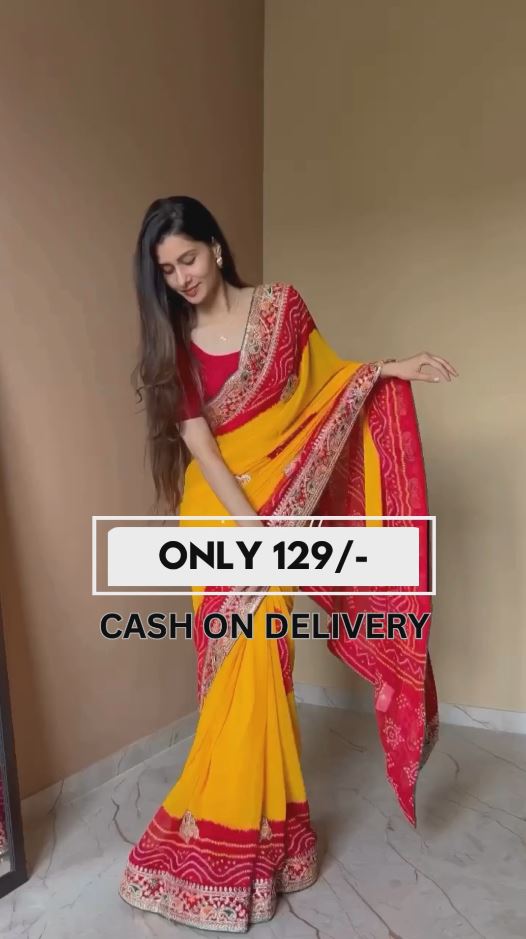 Red & yellow bandhni saree with Embrodary Work combination creze saree