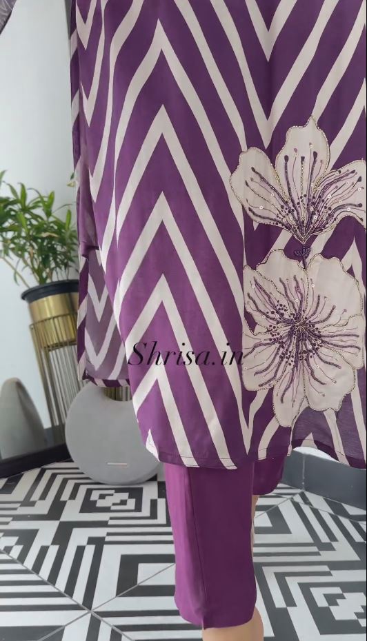 Printed Purple Embroidered Straight Kurta with Pant & Dupatta -