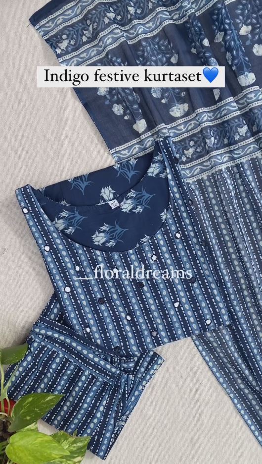 Navy Blue and White Block Print Suit Set And Dupatta