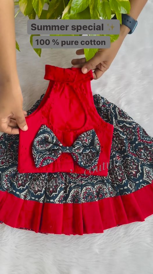 Enchanting Red and Grey Silk Party Frock for Girls