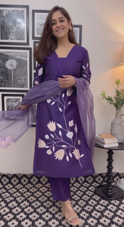 Purple Heavy Rayon Cotton Embroidery and Printed work Kurta Set