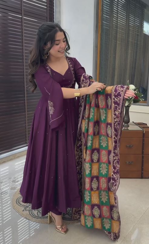 Beautiful Purple Chinon Silk With Sequence Work Anarkali Suit With Dupatta