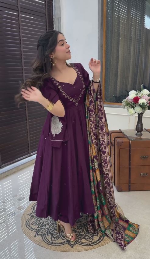 Beautiful Purple Chinon Silk With Sequence Work Anarkali Suit With Dupatta