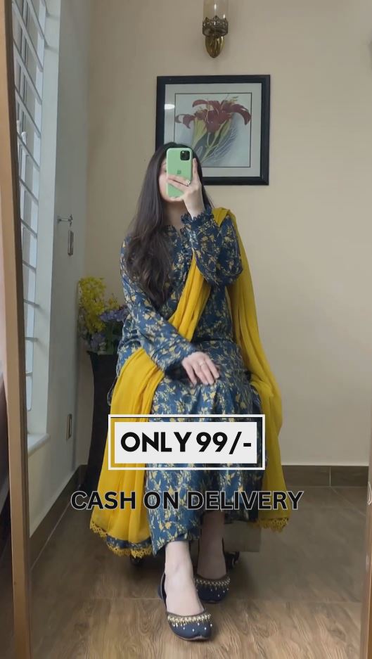 Simple Flower Kurta Set with Bottom Wear and Dupatta in Yellow Color