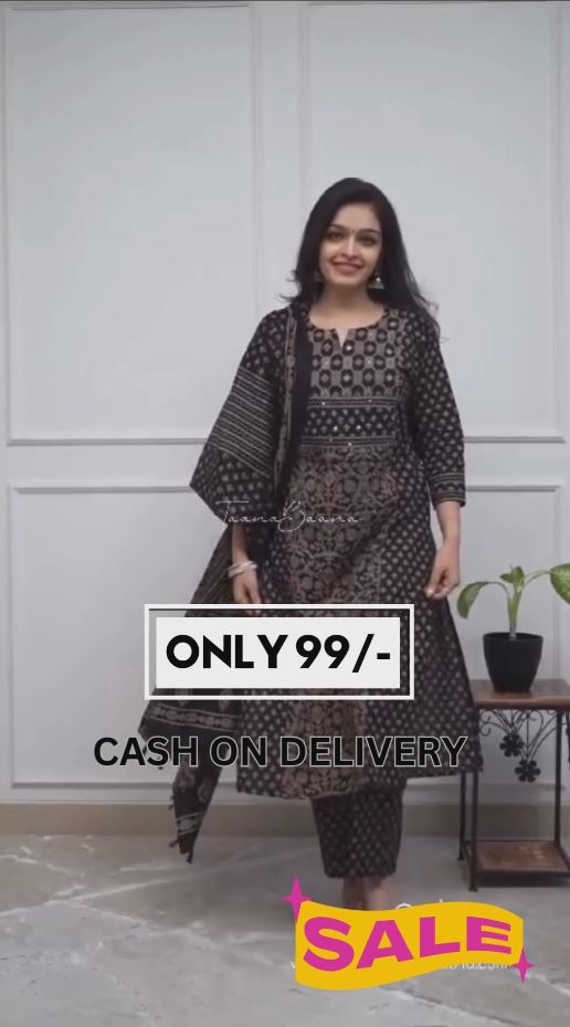 Black Floral Printed Pleated Thread Work Pure Cotton Kurta with Trousers & Dupatta