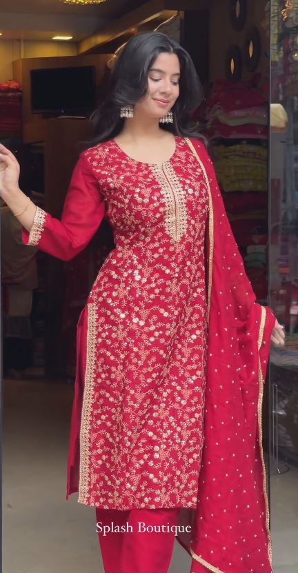 Regular Pure Silk Maroon Muslin Embroidered Suit Kurta with Trouser & Dupatta