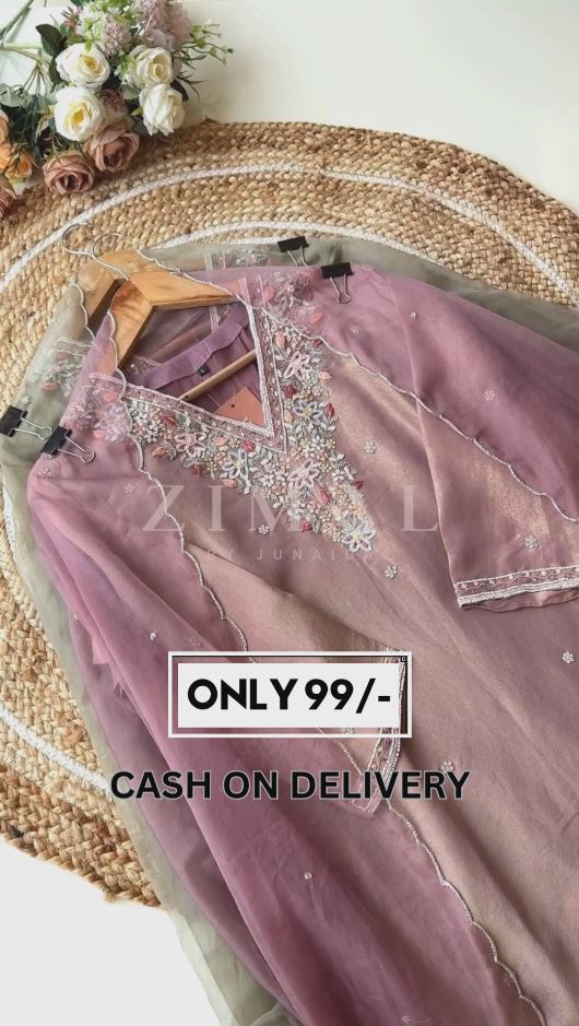 Premium Quality Pure Tissue Shimmer Hand Embroidered Kurti Pink Color