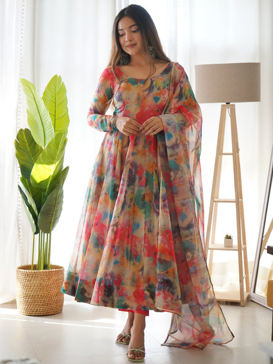 Digital Printed Organza Anarkali Suit in Multicolor