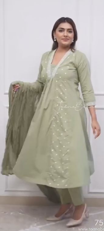 Floral Embroidered Pleated Pure Cotton A-Line Kurta with Trousers & Dupatta