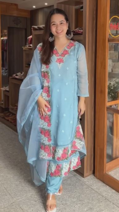 Thread Work Embroidered Organza Kurta Set With beautiful Dupatta in Sly Blue