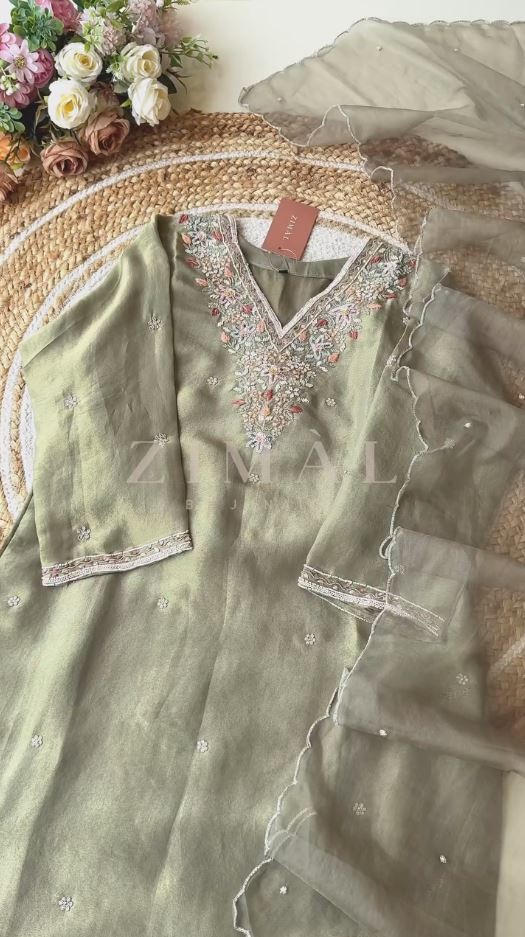 Premium Quality Pure Tissue Shimmer Hand Embroidered Kurti with Mul with Cotton lining Inside with Tissue Shimmer Dupatta and Pure fabric Pant