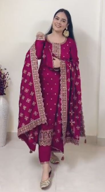 Grand Pink Color Chinnon Silk Embroidery Sequence Salwar Suit