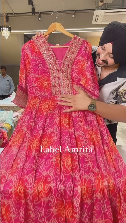 Pink Bandhani Printed Long Anarkali Style Diwali Wear Gown