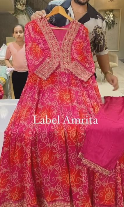 Pink Bandhani Printed Long Anarkali Style Diwali Wear Gown