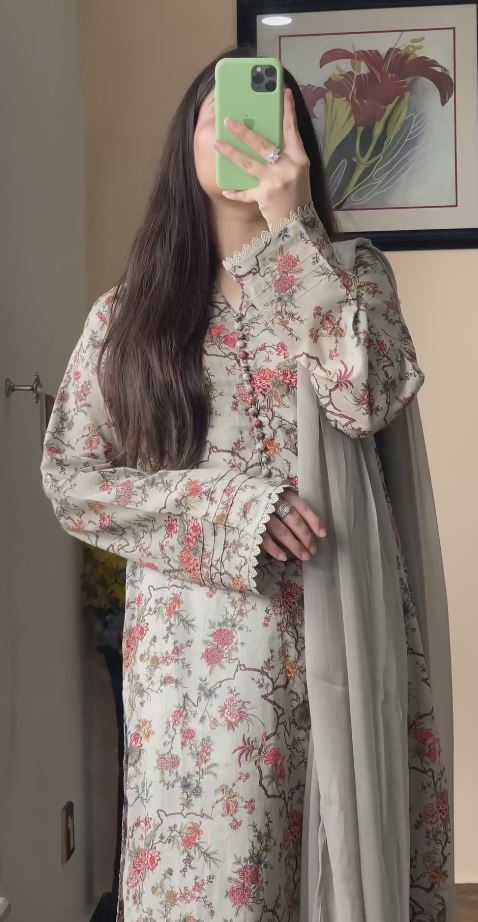 Cream Floral Printed Suit with Organza Dupatta