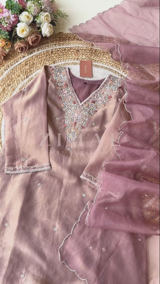 Premium Quality Pure Tissue Shimmer Hand Embroidered Kurti Pink Color