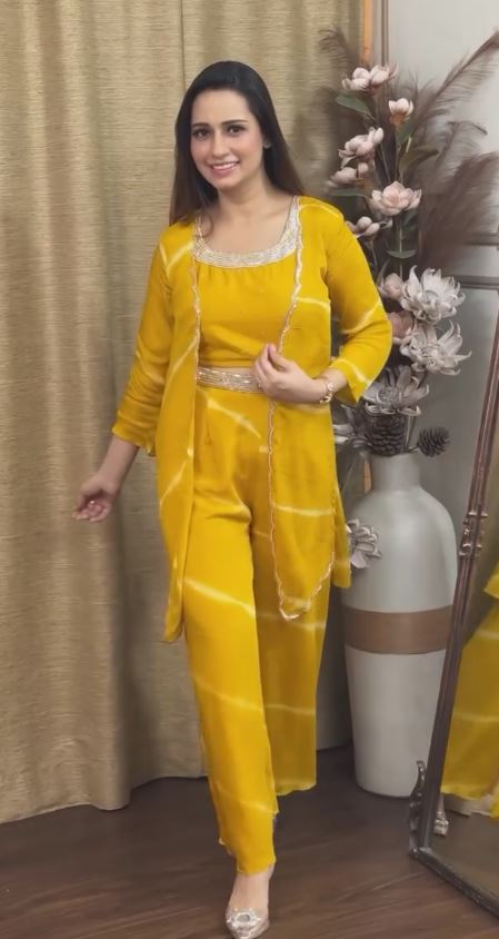 Women Yellow Ikat Printed Fusion Co-Ord Set Comes with a Jacket