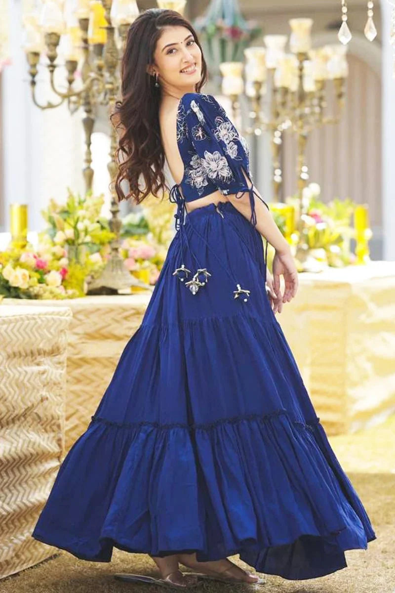 Eyes Catching New Arrival Navy Blue Ruffle Faux Georgette Crop Top Lehenga Choli With Floral Print On Choli