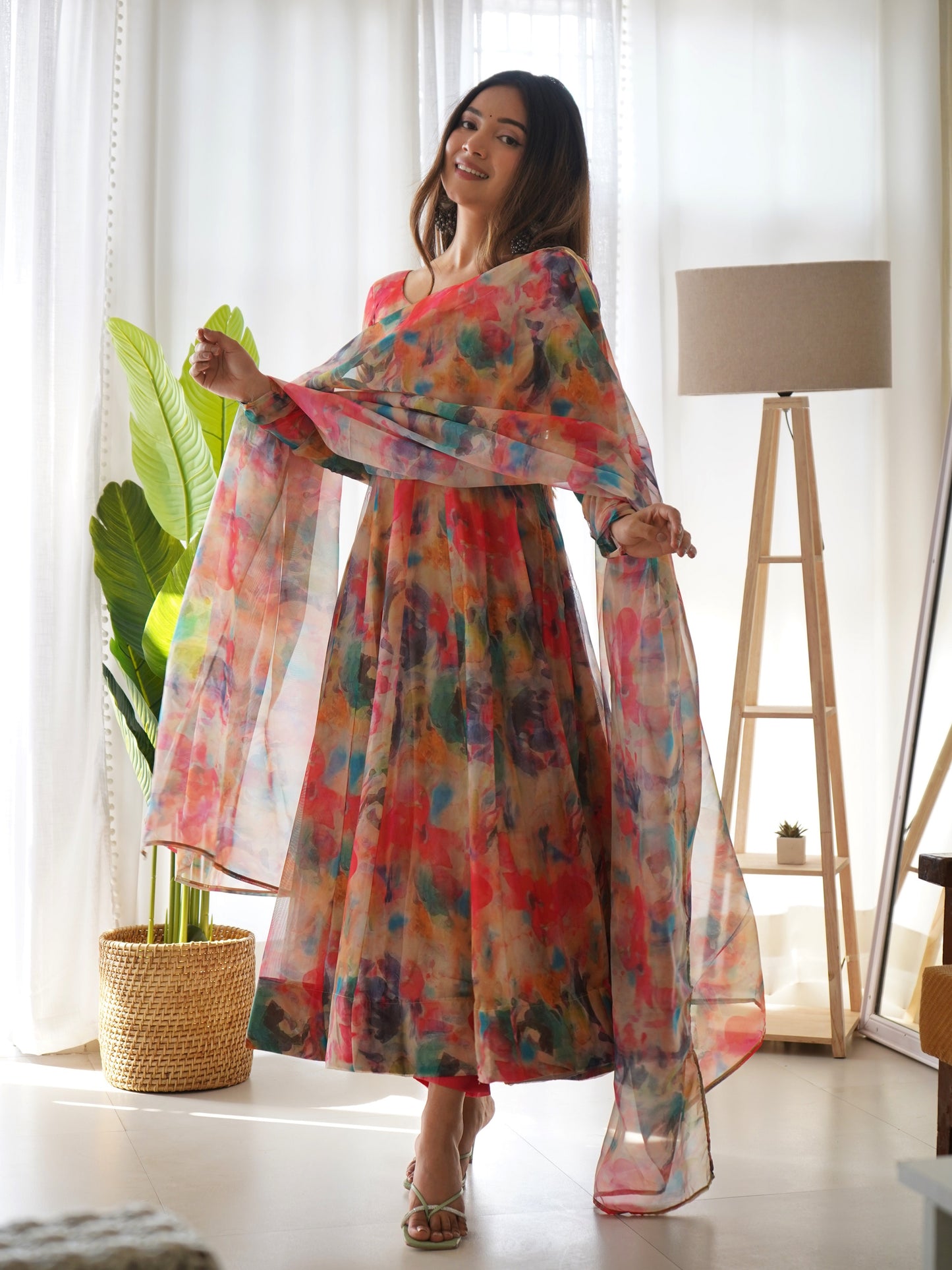 Digital Printed Organza Anarkali Suit in Multicolor