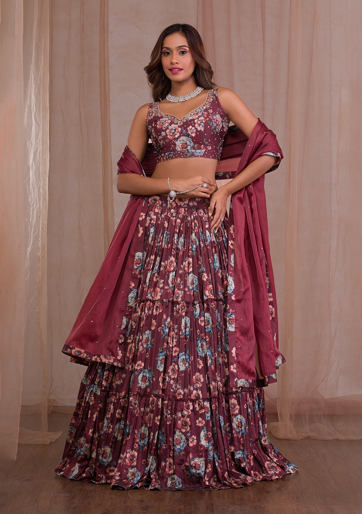 Brown Cutdana Satin Readymade Lehenga