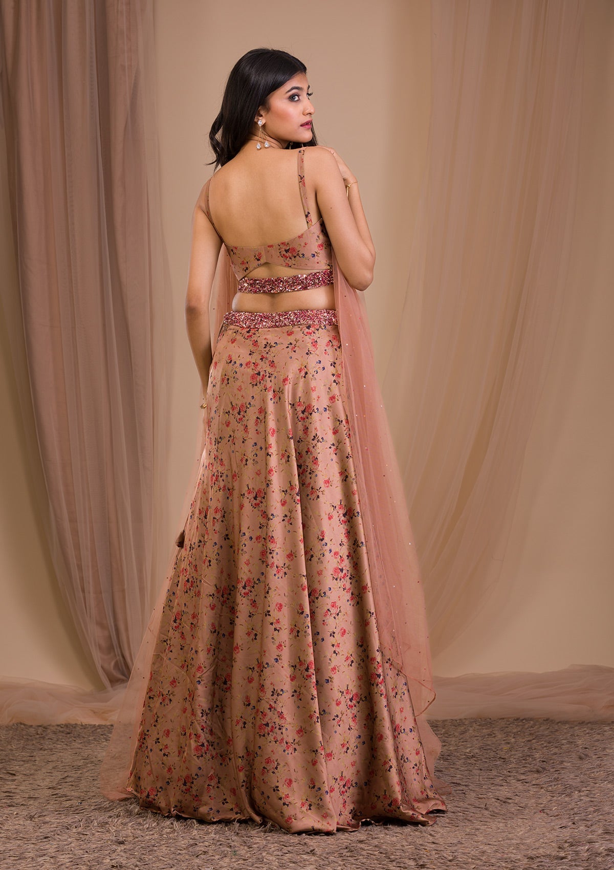 Brown Printed Satin Readymade Lehenga