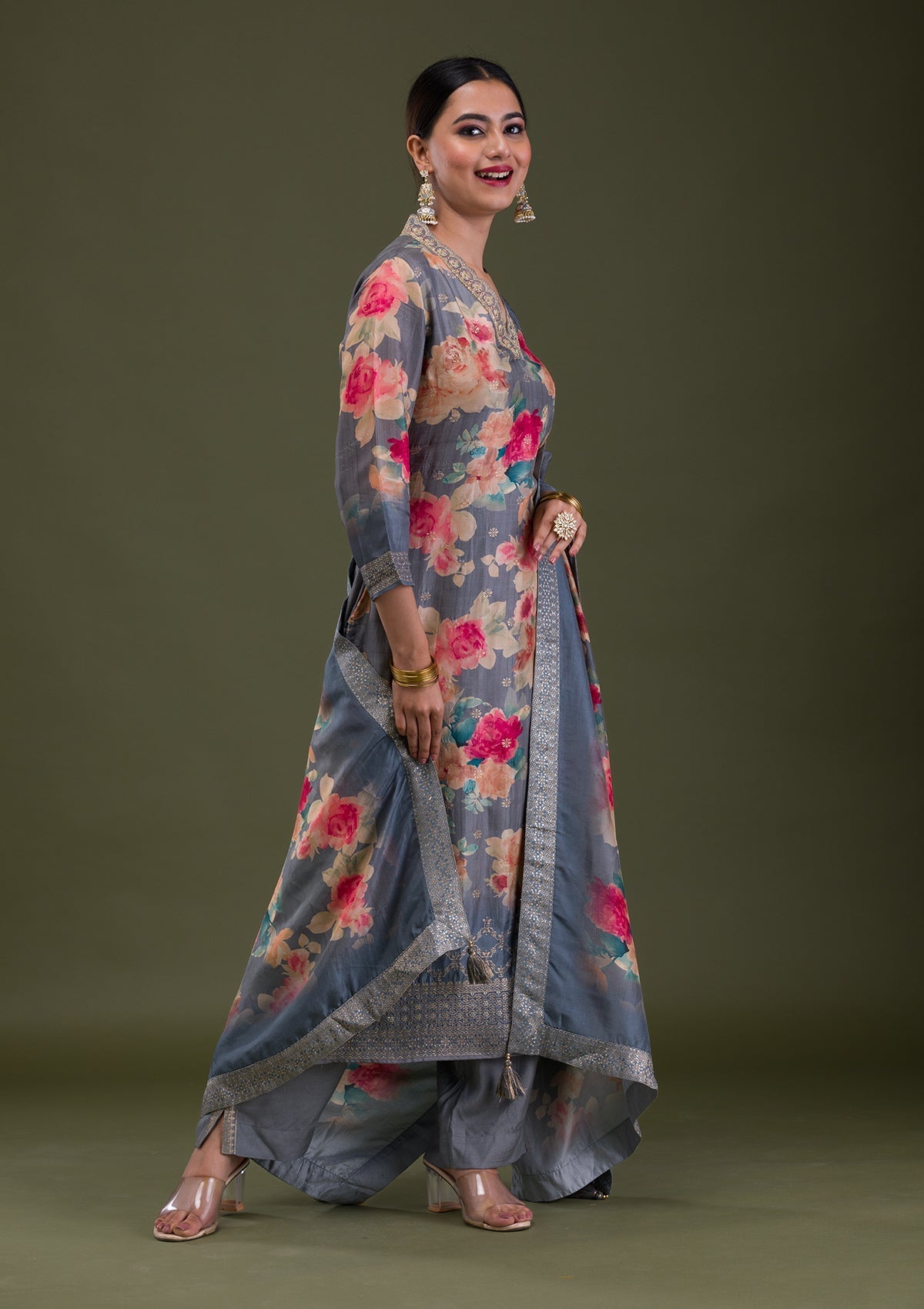 Grey Printed Semi Crepe Readymade Salwar Suit