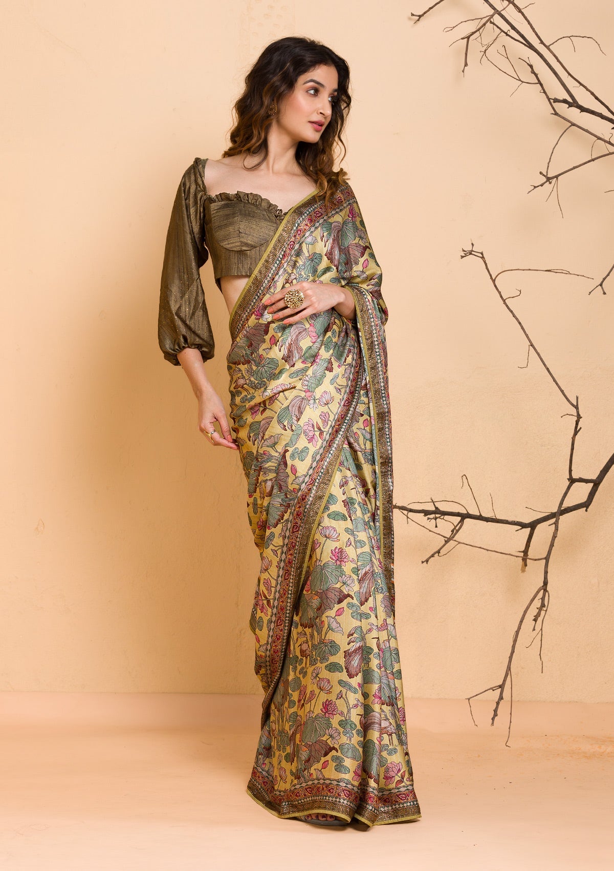 Lemon Yellow Floral Printed Semi Crepe Designer Saree